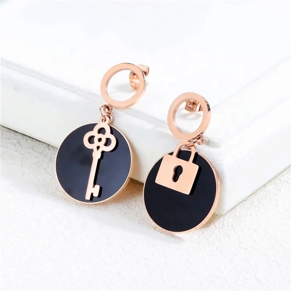 3/$30 Rose Gold Plated Lock & Key Dangle Earrings - Picture 4 of 6
